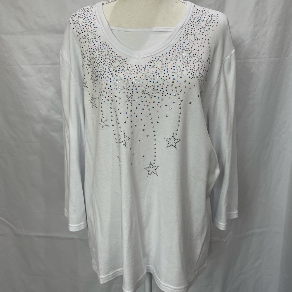 3/$35 Sparkle white shirt with red, blue and silver bling. XL